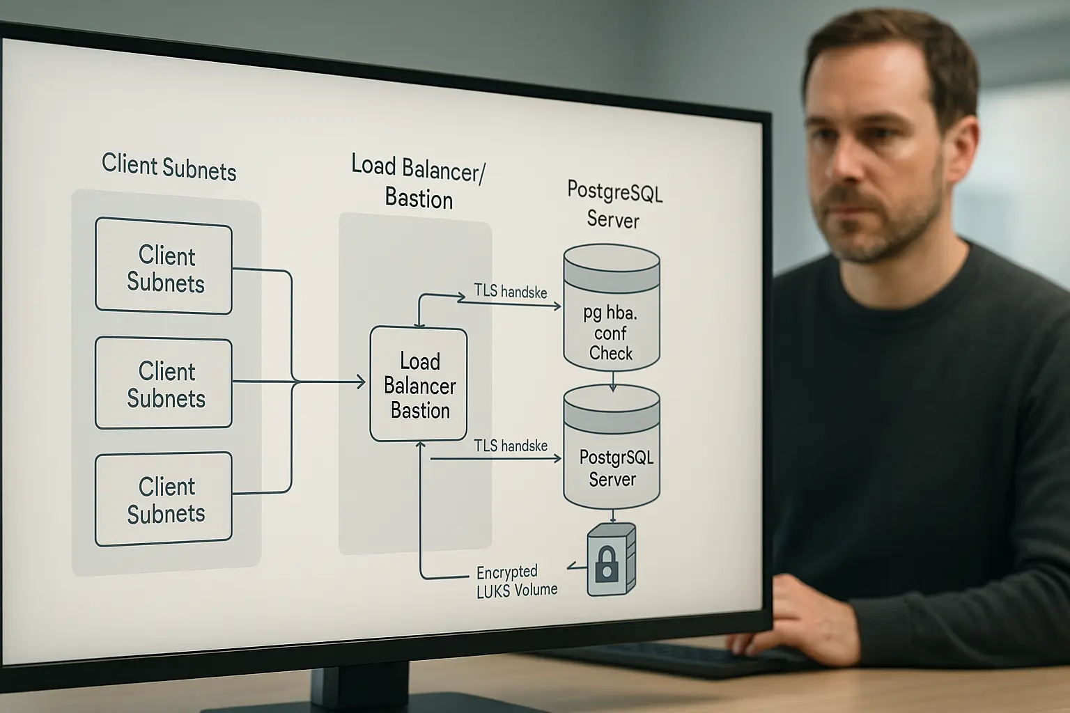 Architekturdiagramm zu PostgreSQL-Zugriff, TLS-Handshake und verschlüsseltem Storage mit System-Engineer im Hintergrund