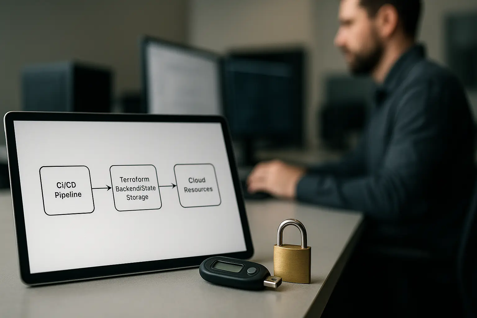 Operator prüft IaC-Architekturdiagramm mit gesichertem Terraform-State-Backend und Drift-Detection-Datenfluss