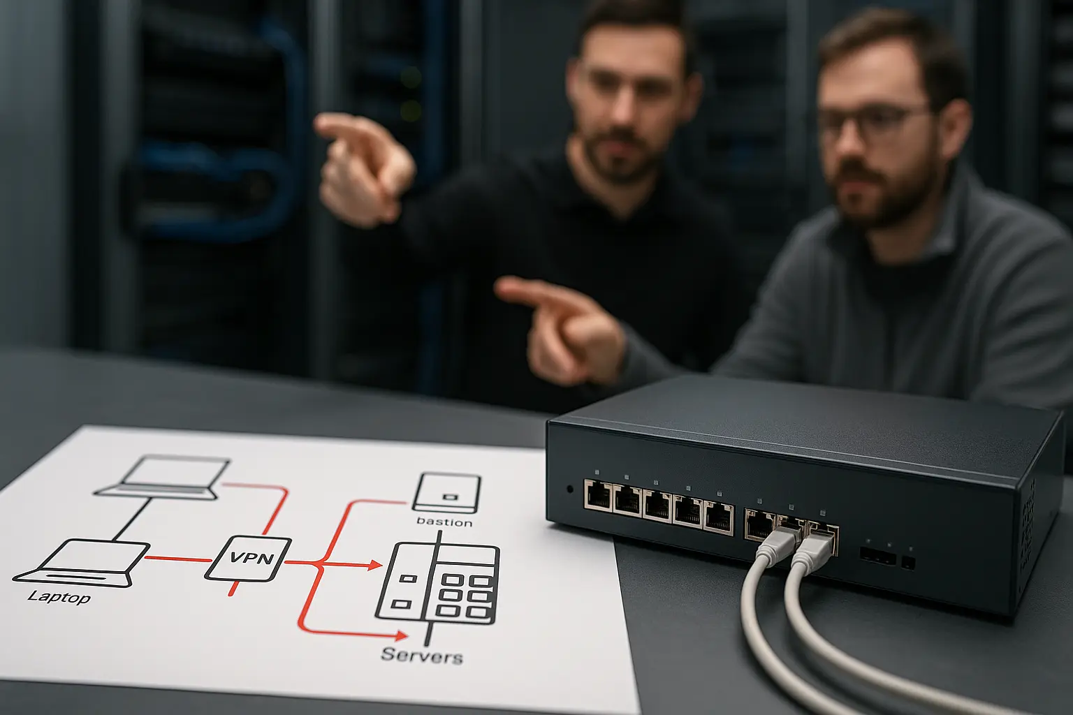 Netzwerkdiagramm mit VPN-Gateway, Bastion und segmentierten Zugriffspfaden für Remote-Administration