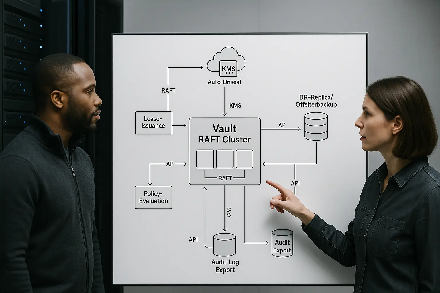 Architekturdiagramm eines HashiCorp Vault Clusters mit Raft‑Storage, Auto‑Unseal über KMS und DR‑Replica