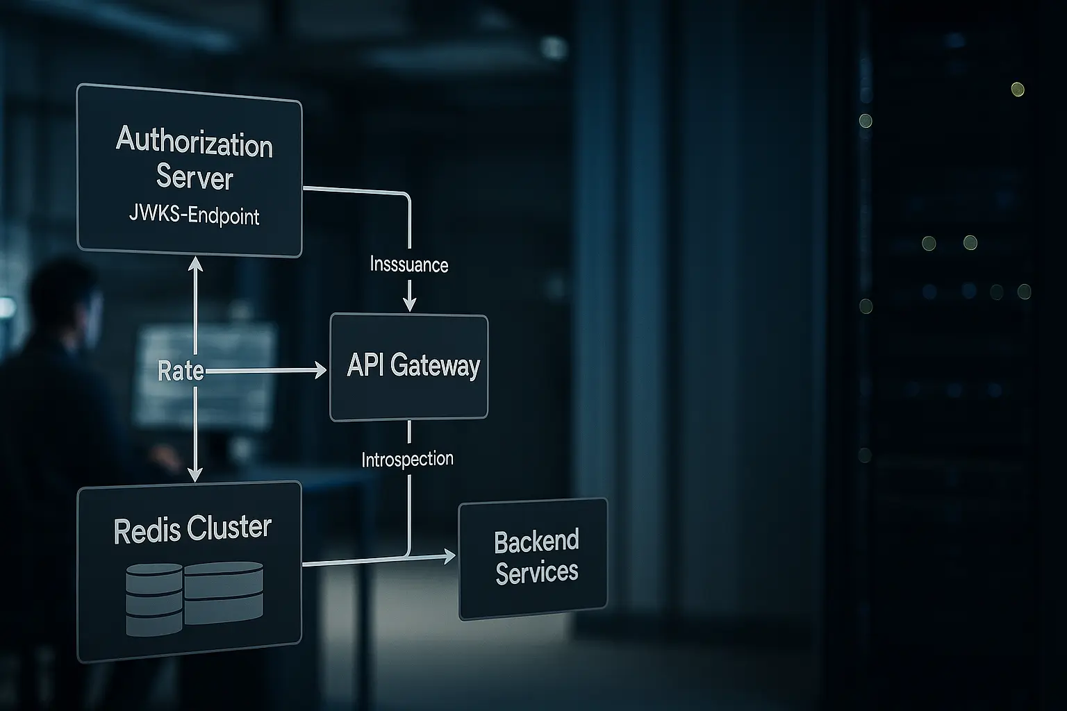 Architekturdiagramm: Authorization Server (JWKS) → API Gateway (Rate‑Limiting, JWT‑Prüfung) → Backend Services; Redis als...