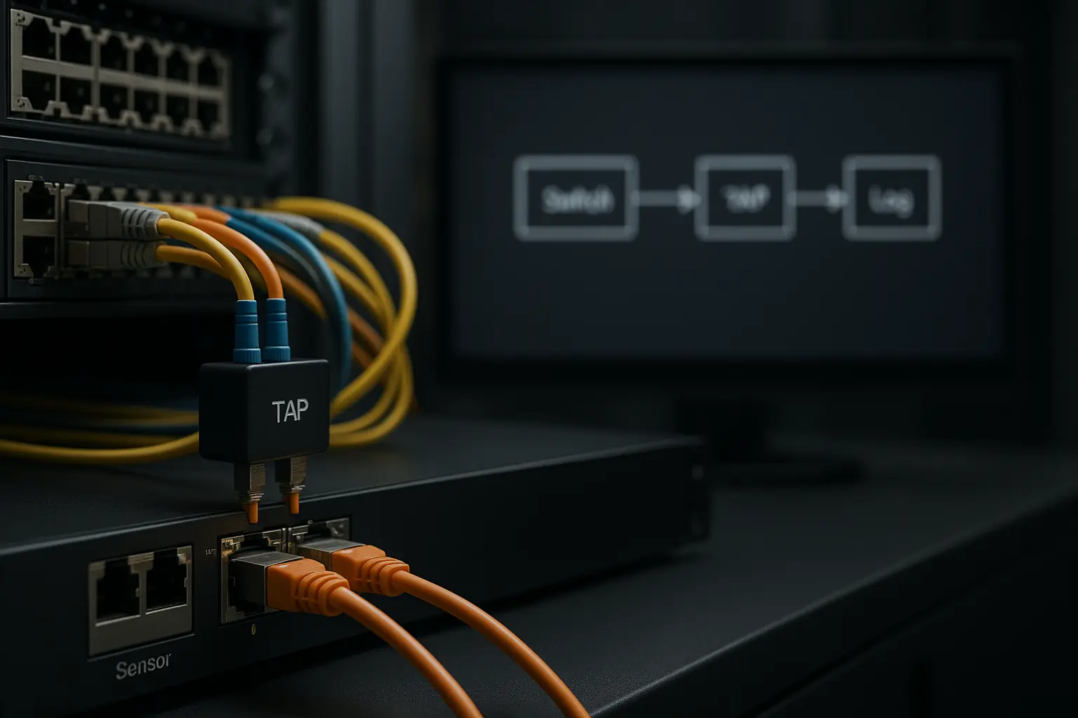 Netzwerk-TAP am Switch mit verkabeltem Sensor-Server für Zeek- und Suricata-Monitoring.
