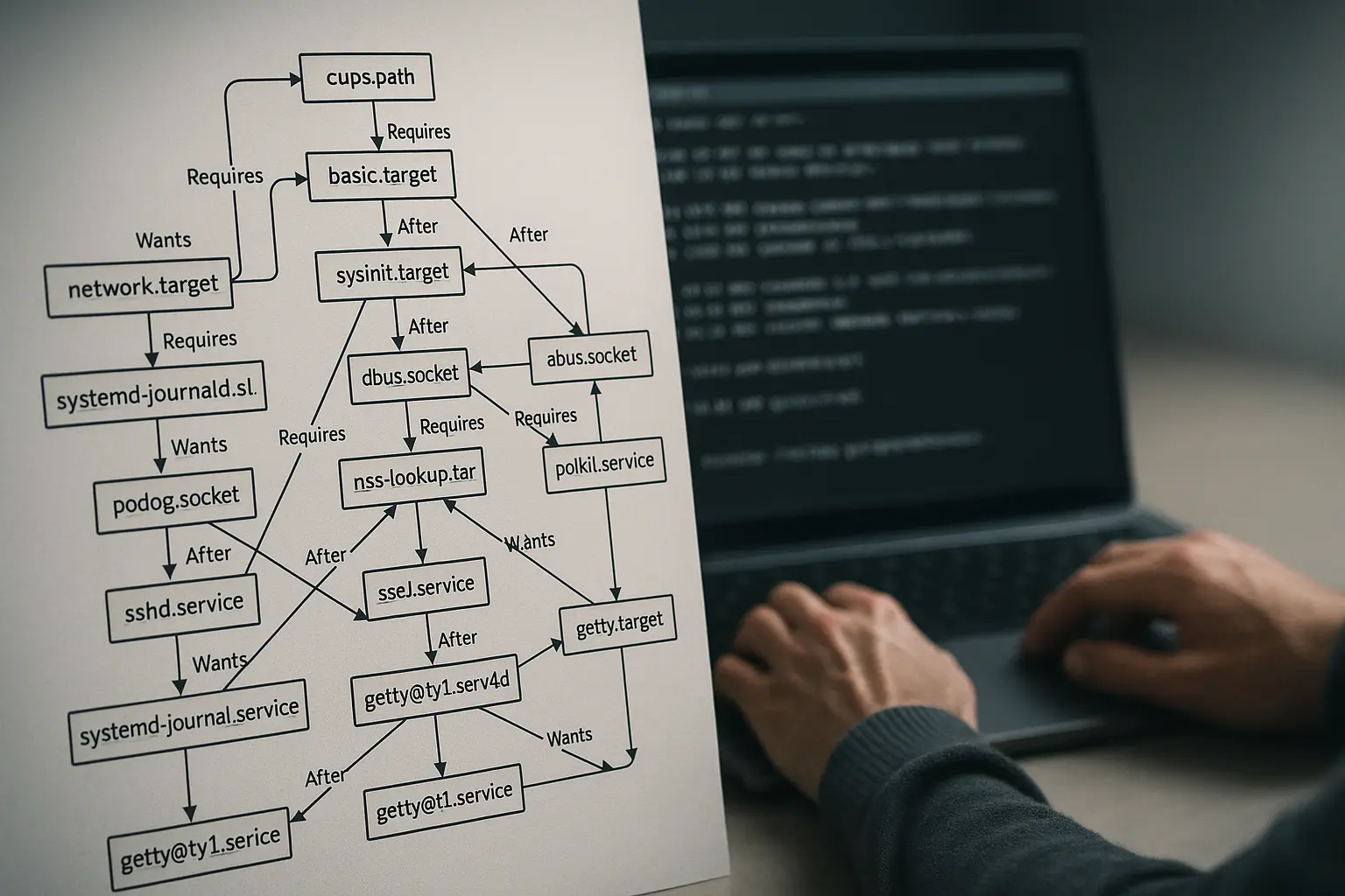 Technisches Unit-Abhängigkeitsdiagramm für systemd mit Logauszügen und Terminalansicht
