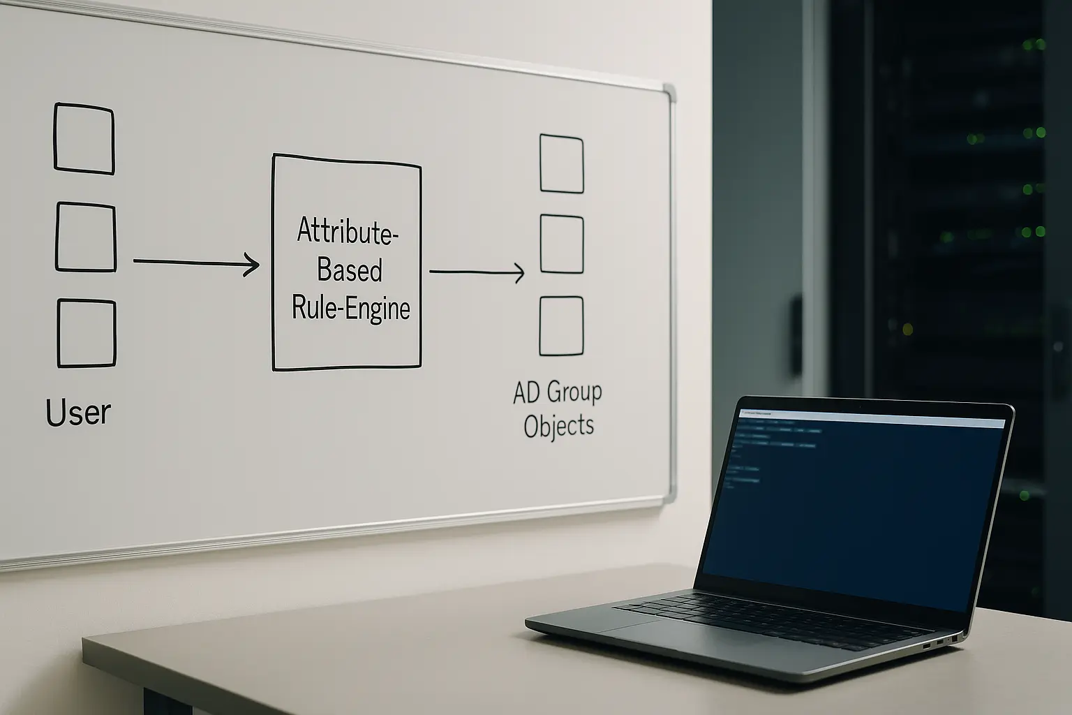 Architekturdiagramm für automatisierte AD-Gruppenmitgliedschaften per Attributen mit PowerShell-Task im Hintergrund
