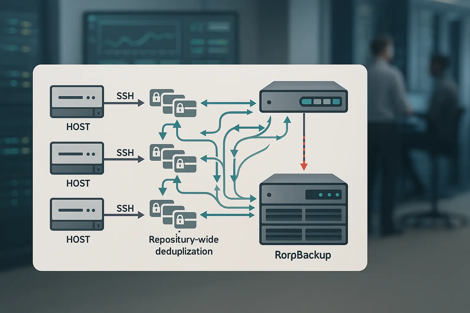 Architekturdiagramm: Hosts senden verschlüsselte Chunks via SSH zu einem deduplizierenden Borg-Repository-Host mit...