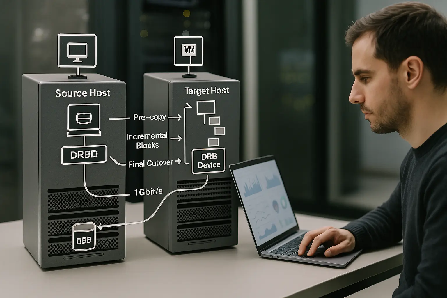 Schematisches Diagramm mit Quell- und Zielhost, Block-Replikationspfad (DRBD / Pre-copy) und Migrationsnetzwerk