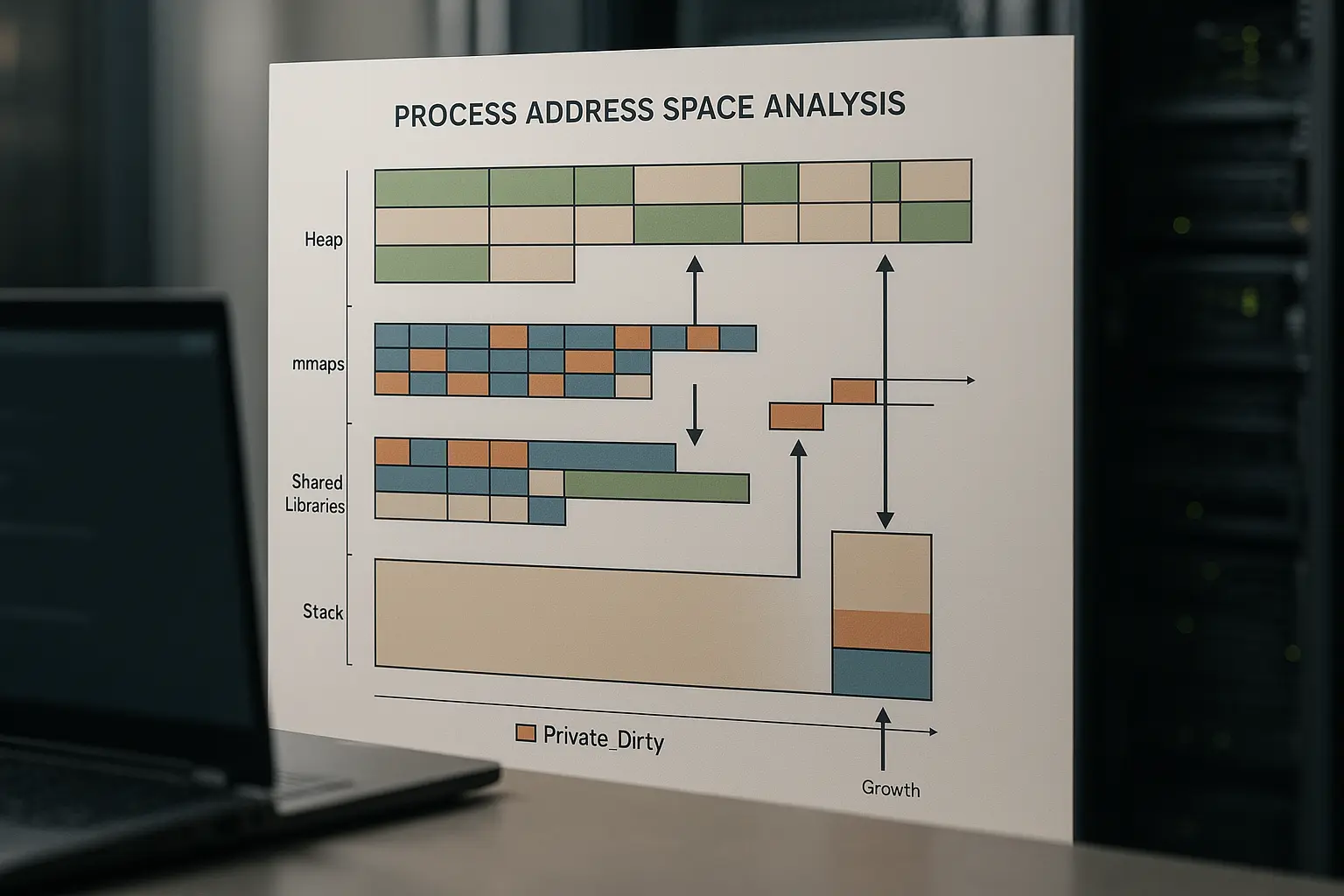 Diagramm einer Prozess-Heap- und mmap-Landkarte zur Speicherleck-Diagnose