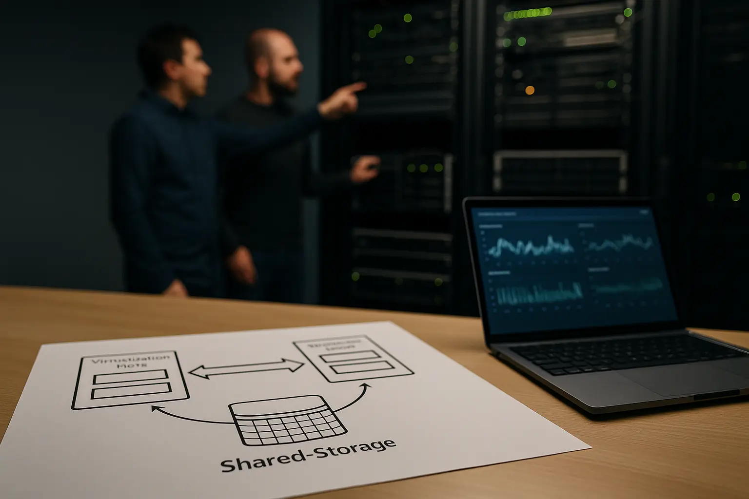 Architekturdiagramm eines Live-Migrationspfads zwischen zwei Hosts und Shared-Storage in einem Rechenzentrumsbetriebskontext