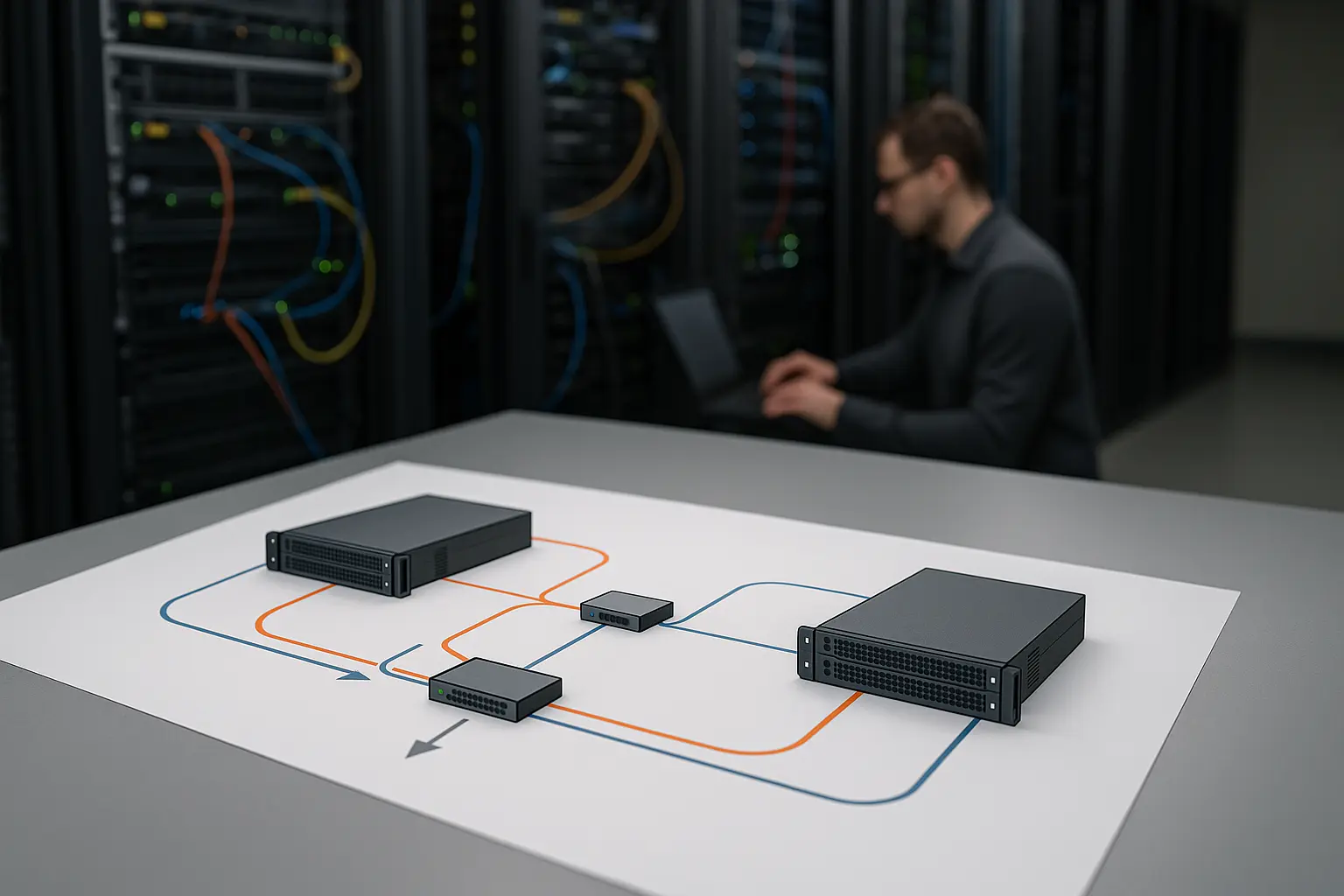 Zwei Serverknoten mit externem QDevice als Quorum-Zeuge in einer Proxmox-HA-Architektur