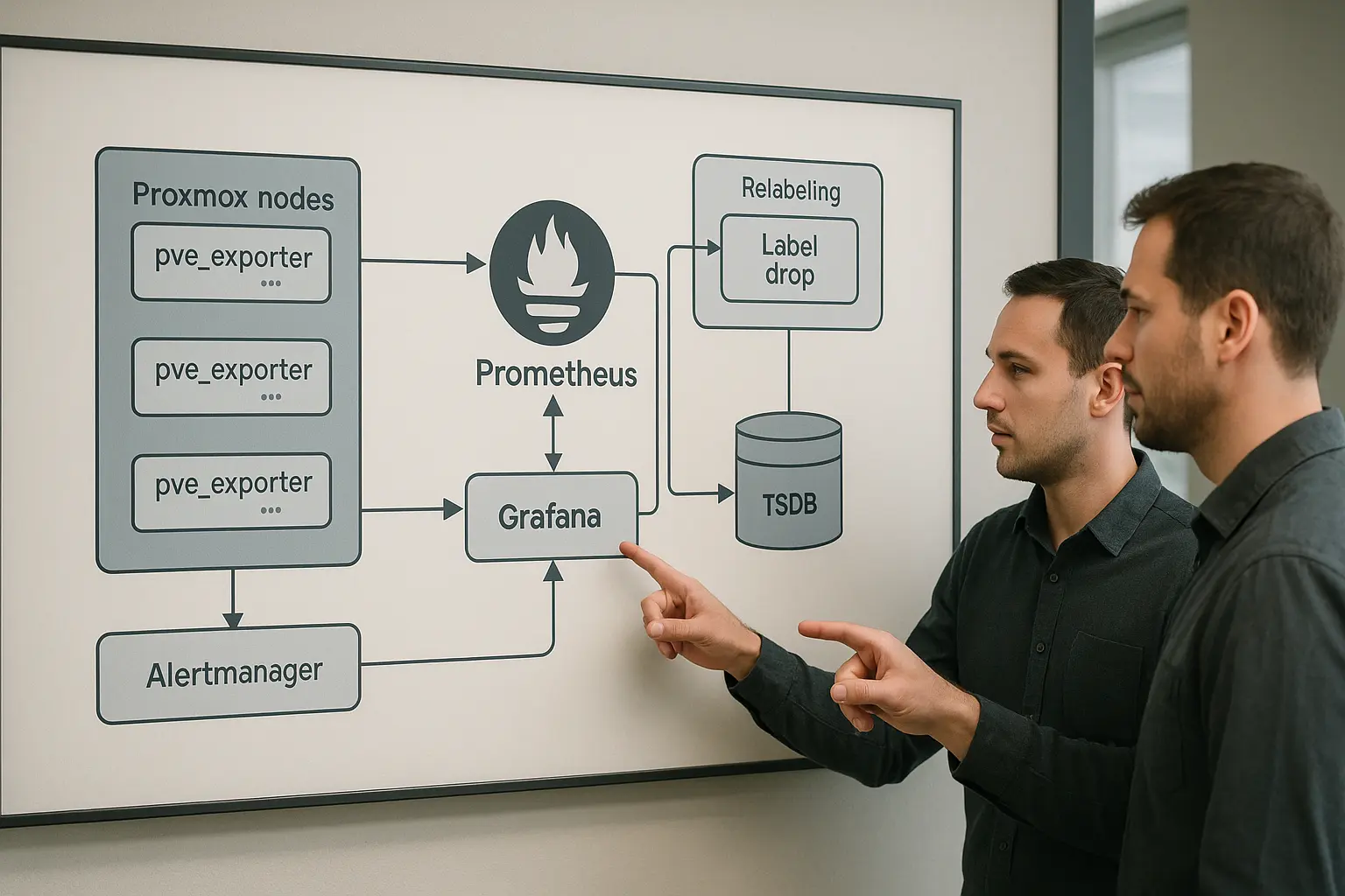 Architekturdiagramm: Prometheus scrapt node_exporter und pve_exporter von Proxmox-Knoten; Alertmanager und Grafana sind...