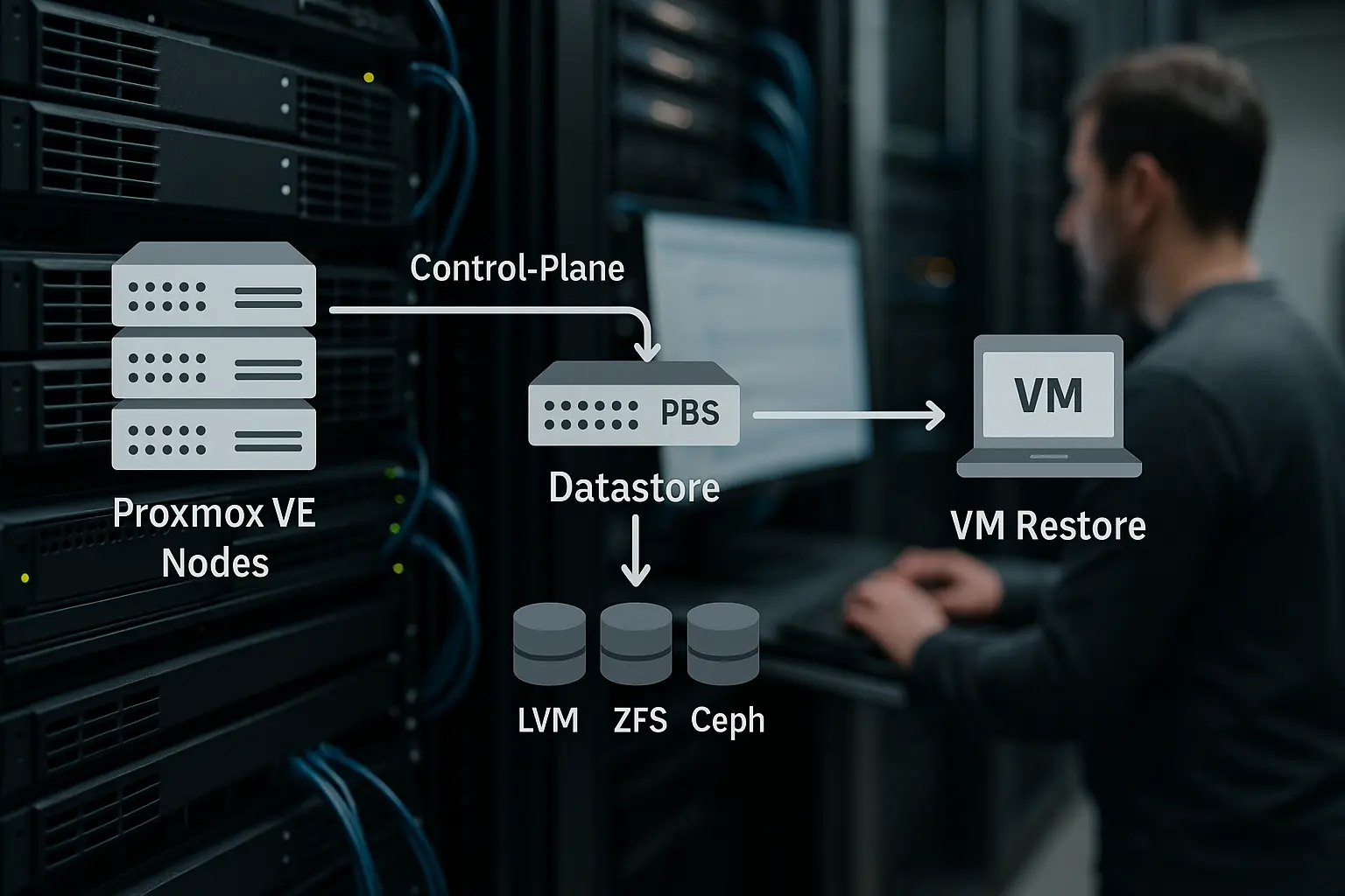 Architekturdiagramm des Proxmox‑Clusterwiederaufbaus mit PBS, Nodes, Storage‑Flows und priorisierten Recovery‑Schritten