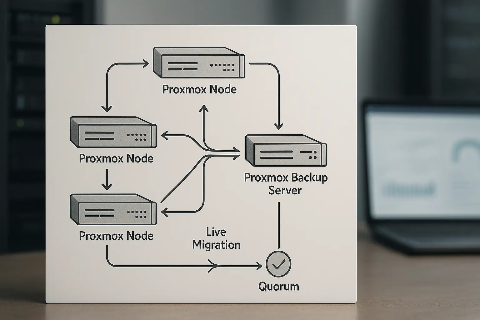 Architekturdiagramm eines Proxmox‑Clusters mit Rolling‑Upgrade‑Pfeilen und Backup‑Verbindungen