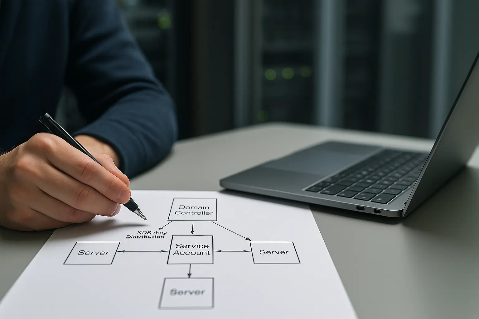 Administrator prüft ein textfreies Architekturdiagramm zu gMSA, Domain Controller und Zielservern im...