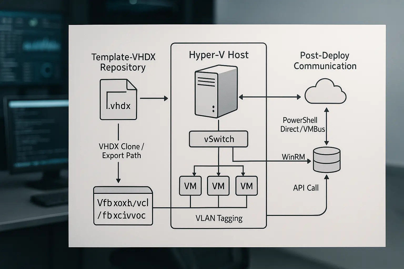 Architekturdiagramm des automatisierten Hyper‑V‑Provisionings: Template‑VHDX klonen, vSwitch/VLAN‑Zuweisung, PowerShell...