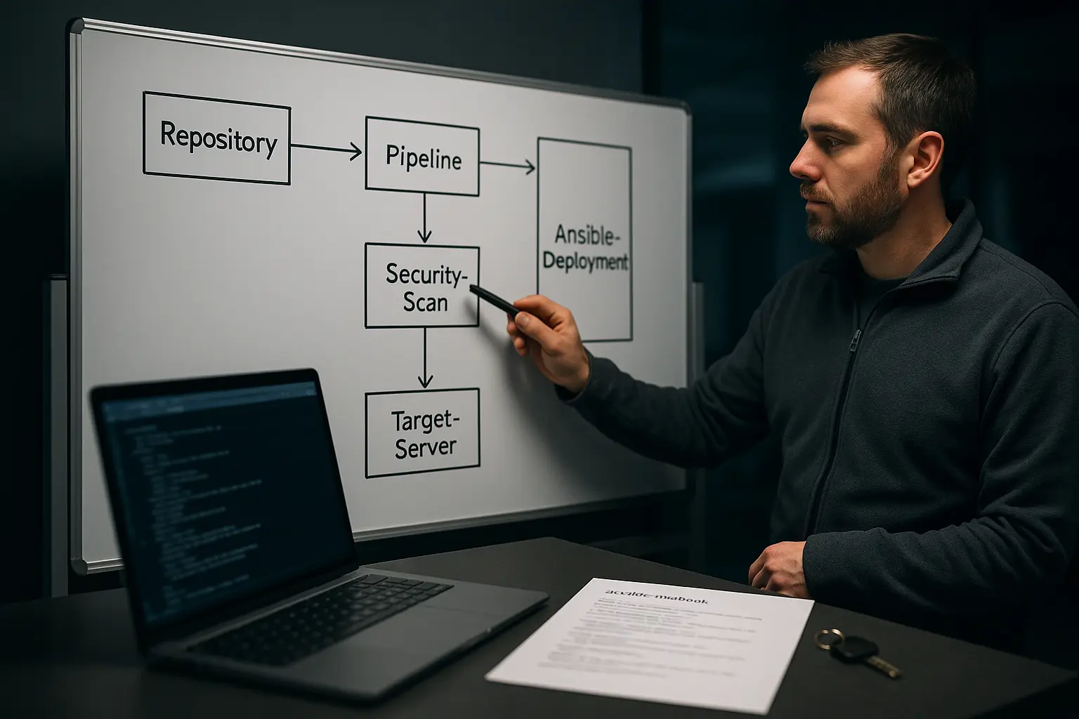 System Engineer zeigt auf ein Deployment-Flow-Diagramm mit Security-Scan und Ansible-Ausrollung