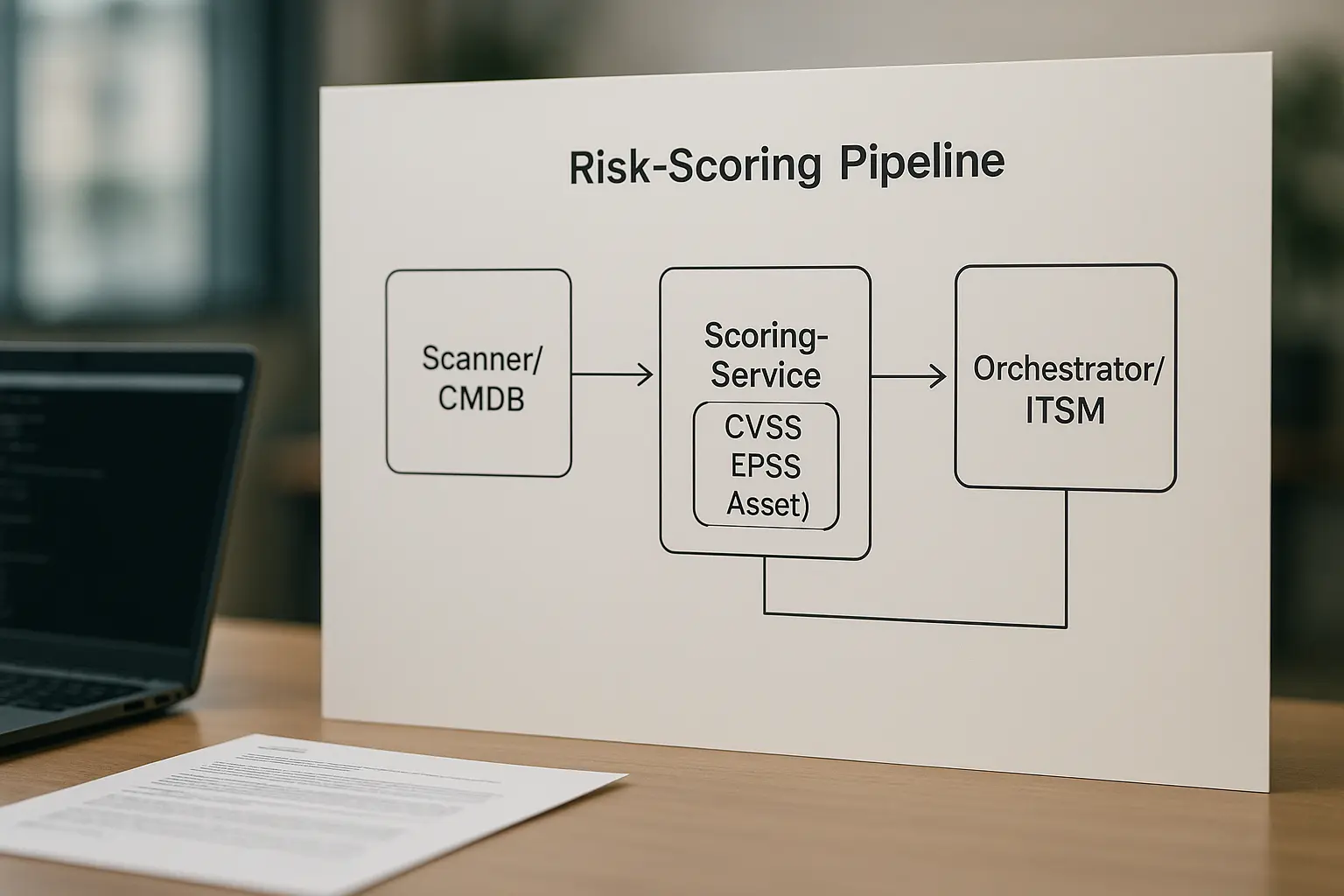 Architekturdiagramm der Risiko-Scoring-Pipeline mit CVSS, EPSS, Threat-Feeds, CMDB und ITSM-Orchestrator