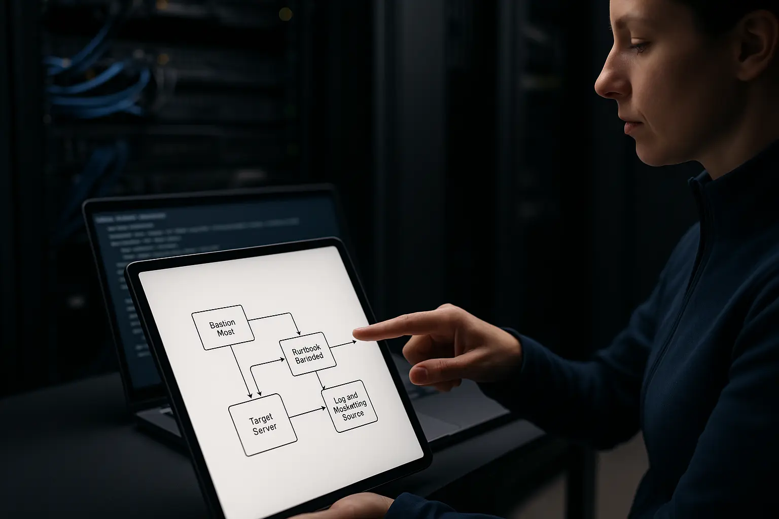 Operator prüft ein textfreies Architekturdiagramm für KI-Runbook-Remediation mit Bastion und SSH-Ausführung