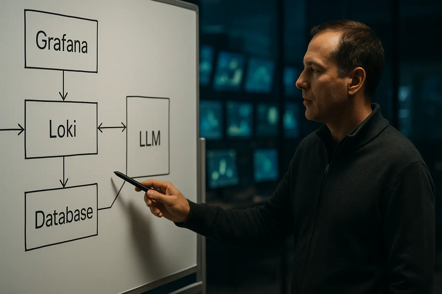 Operator erklärt an einem Whiteboard den Datenfluss eines Observability-Assistenten zwischen Grafana, Loki und einem LLM