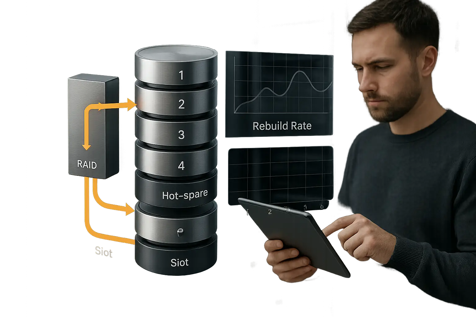 Architekturdiagramm eines RAID-Arrays mit hervorgehobenen Rebuild-Datenflüssen und Hot‑Spare in einem Server-Rack-Kontext