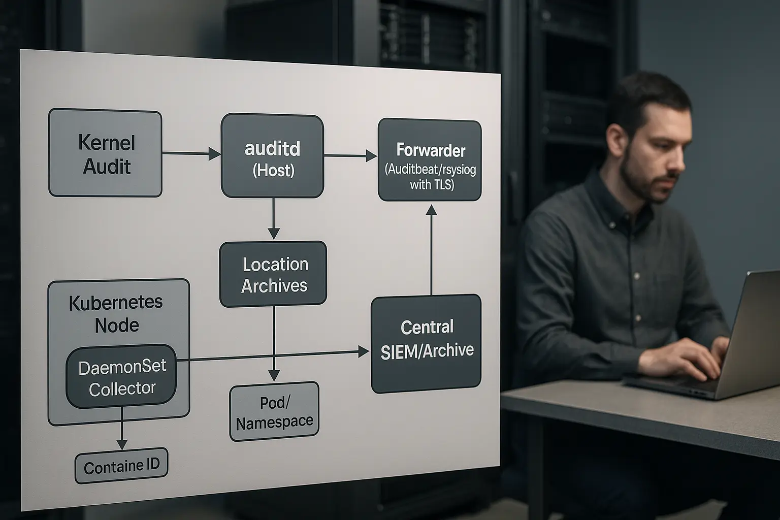 Architekturdiagramm der Auditd-Log-Pipeline mit Kernel, auditd, Forwarder (Auditbeat/rsyslog) und zentralem SIEM, ergänzt...