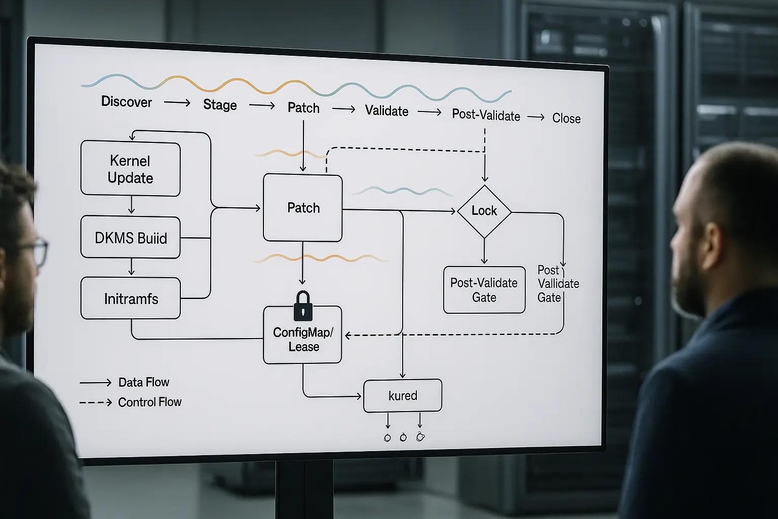 Architekturdiagramm eines automatisierten Patch-Workflows mit Reboot- und Testphasen, ergänzt durch Kubernetes-Elemente