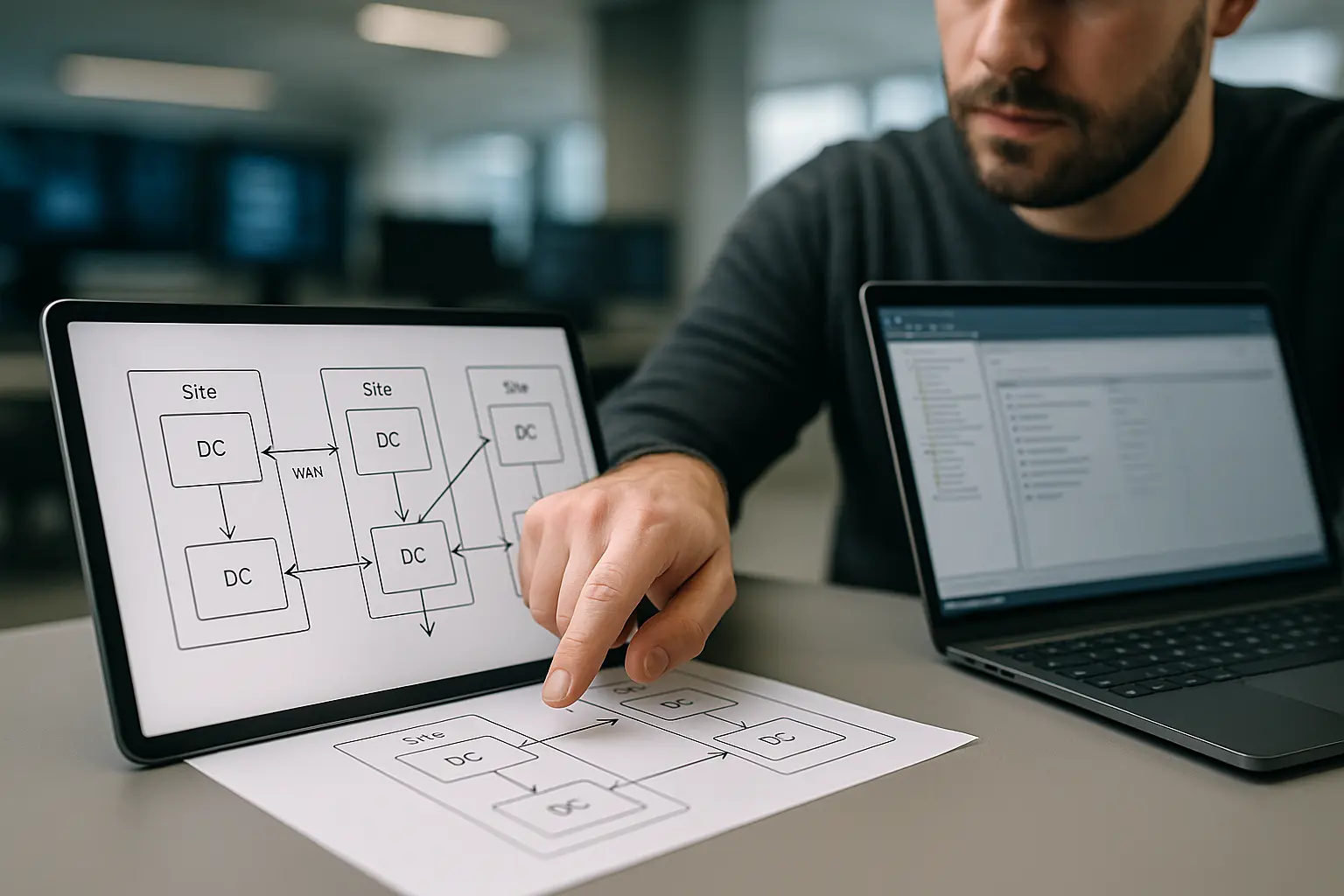 Administrator zeigt auf ein textfreies Diagramm mit Domain Controllern, Sites und Replikationspfaden für...