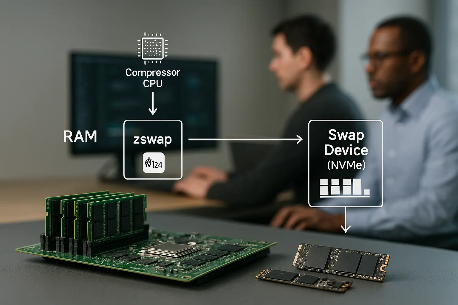 Architekturdiagramm RAM → zswap → NVMe-Swap mit visualisierten Block‑Queues und Kompressor
