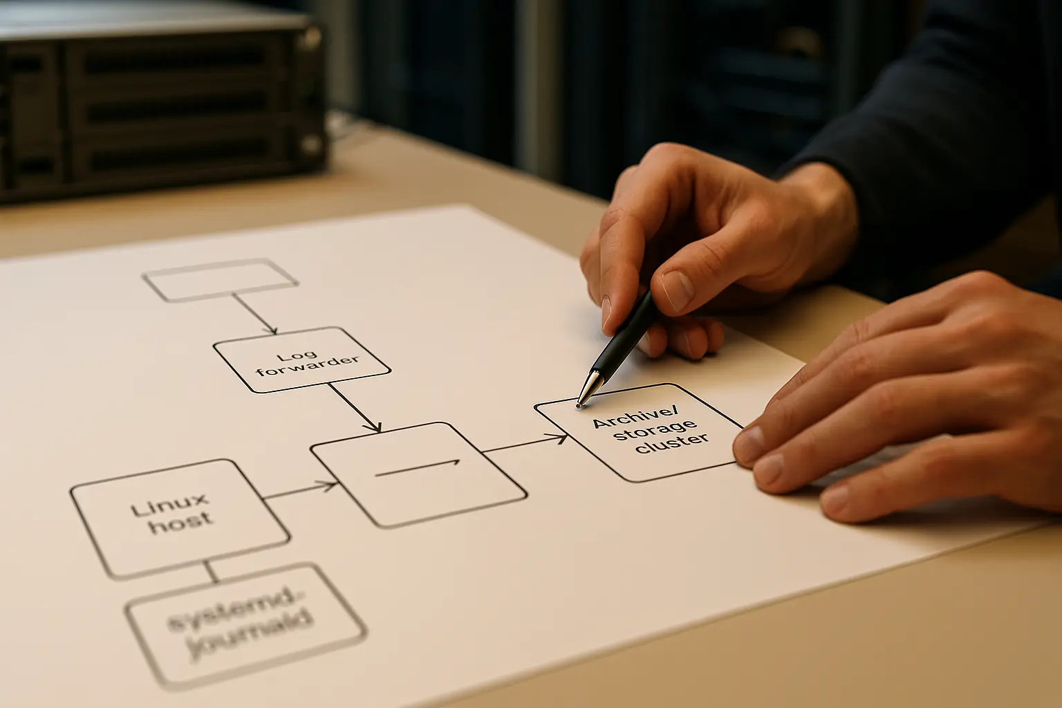 Textfreies Architekturdiagramm mit Datenfluss von systemd-journald über Log-Forwarding zu einem Offsite-Archiv in einer...