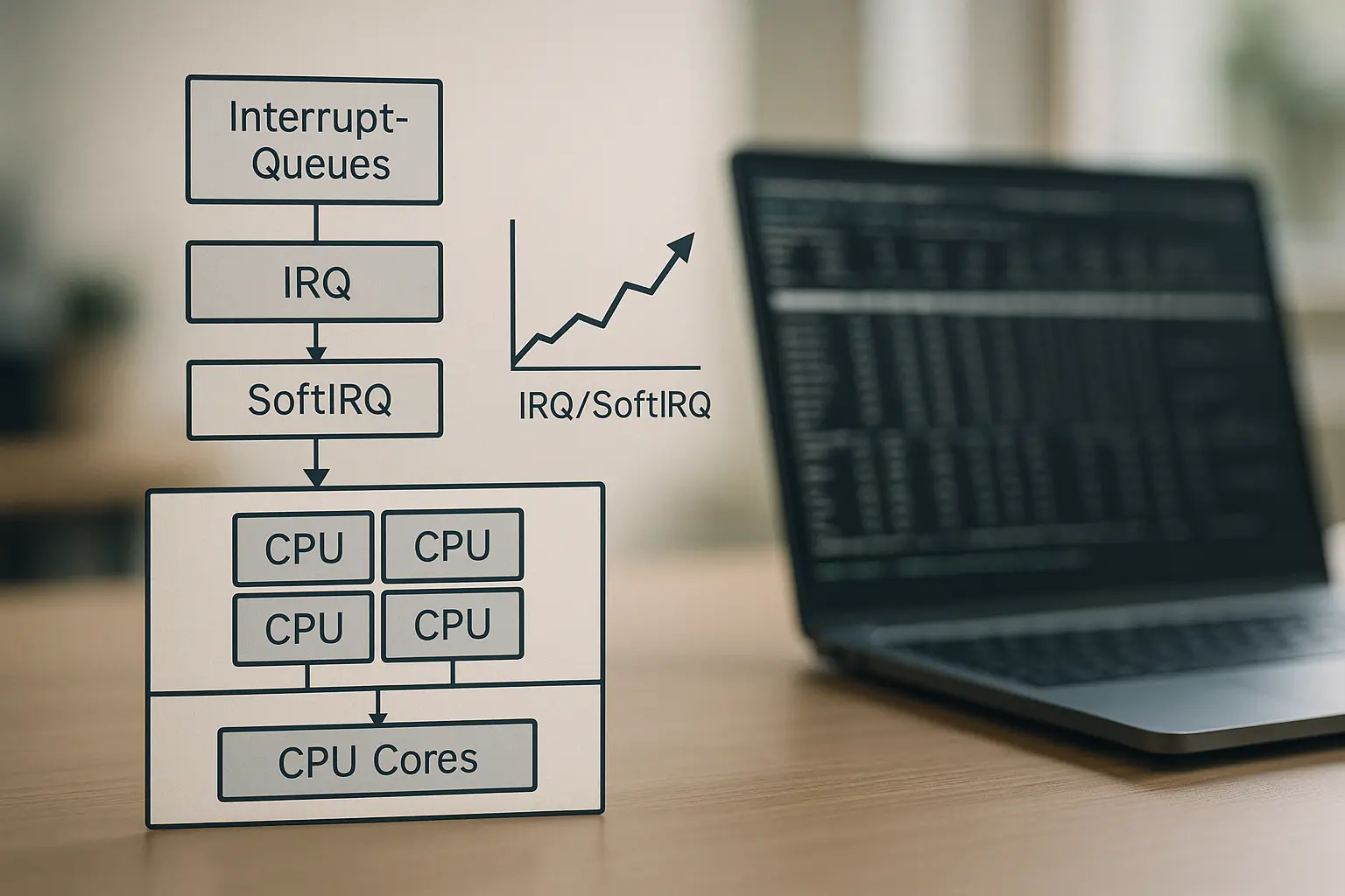 Diagramm von CPU-Kernen, Interrupt-Queues und atop-Zeitachse zur Analyse hoher SoftIRQ-Last