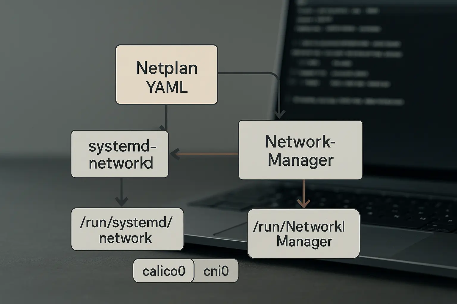 Architekturdiagramm: Netplan YAML zeigt Pfeile zu systemd-networkd und NetworkManager, Laufzeitpfade und CNI‑Interfaces...