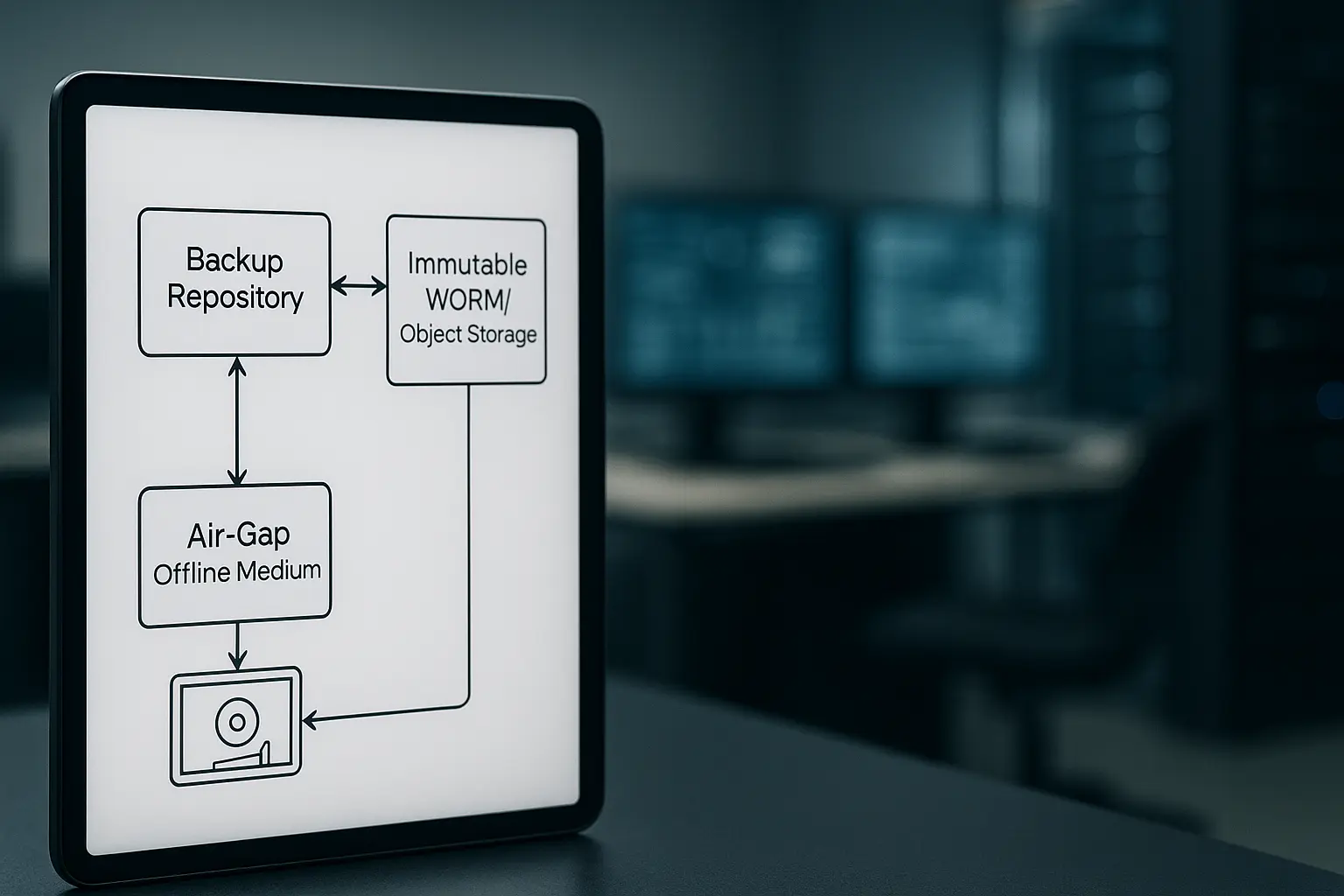Architekturdiagramm für immutable Backups, Air-Gap und Restore-Pfade im IT-Betrieb
