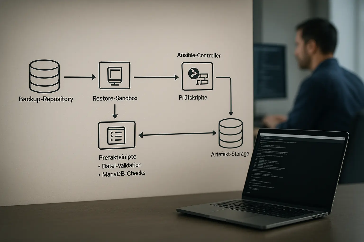 Architekturdiagramm eines automatisierten Backup- und Restore-Testworkflows mit Restore-Sandbox und MariaDB‑Validierung