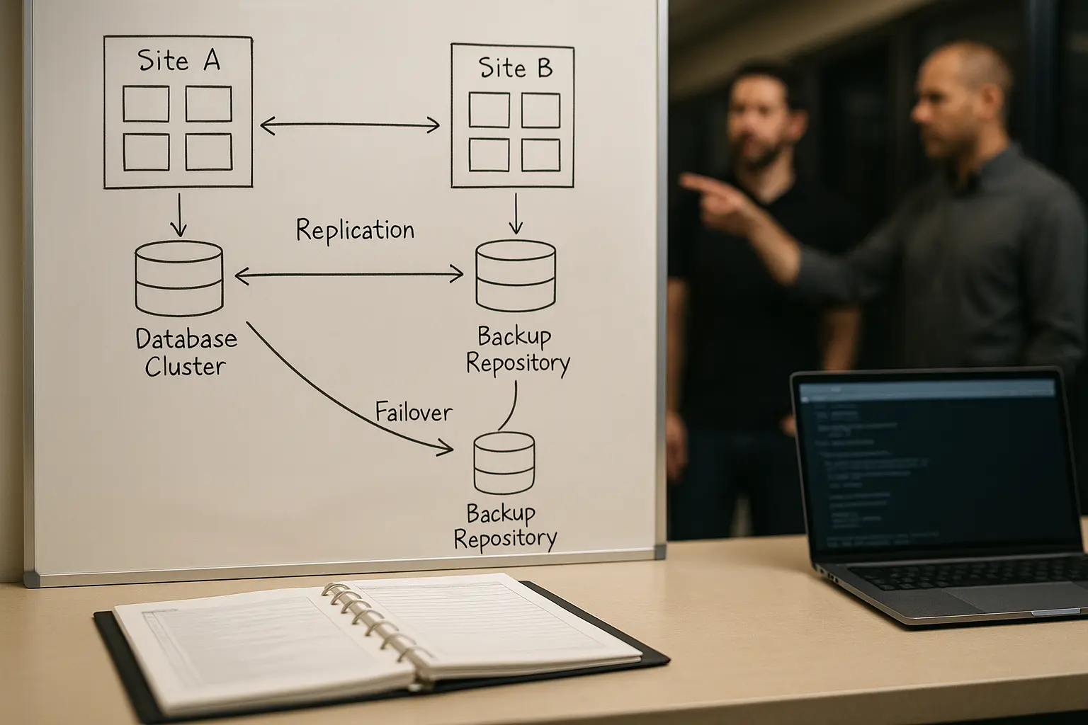 Disaster-Recovery-Runbook neben Architekturdiagramm mit Failover- und Backup-Pfad für Datenbankbetrieb