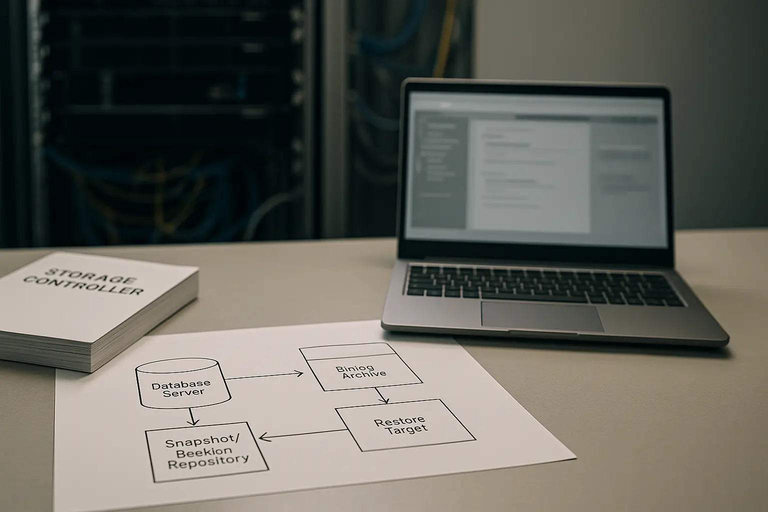 Textfreies Architekturdiagramm mit Backup-Datenfluss für MySQL/MariaDB, daneben Laptop und Serverrack im Hintergrund