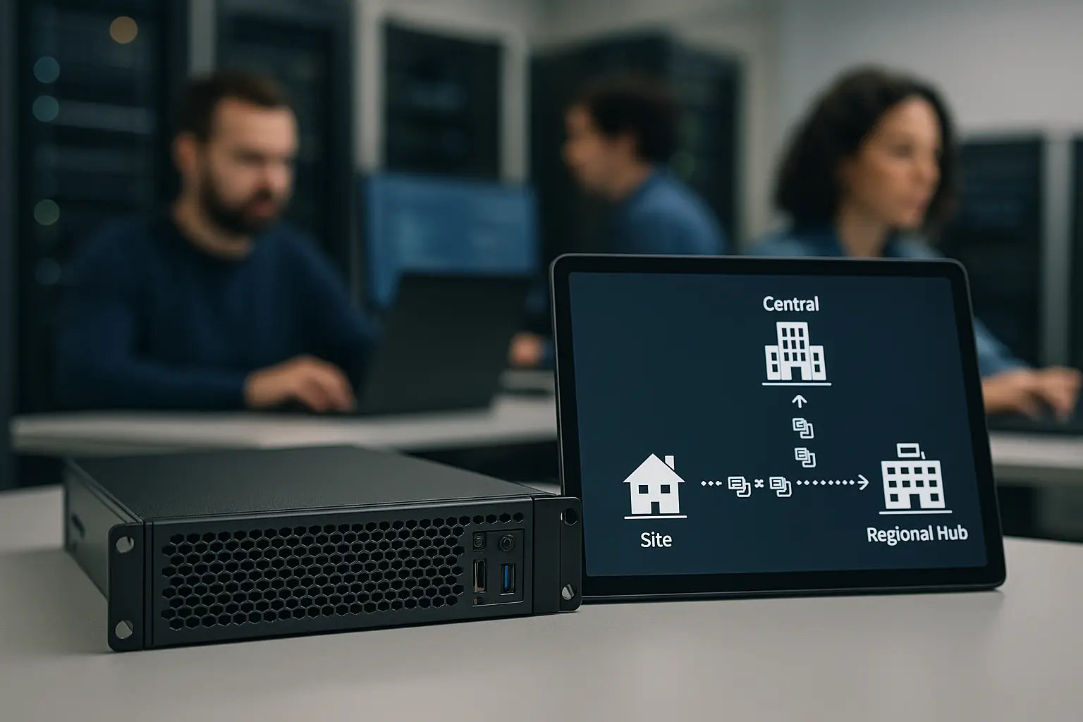 Lokaler Backup-Cache-Server mit schematischer Topologie (Standort → Hub → Zentrale) als Symbol für gestufte Edge-Sicherung