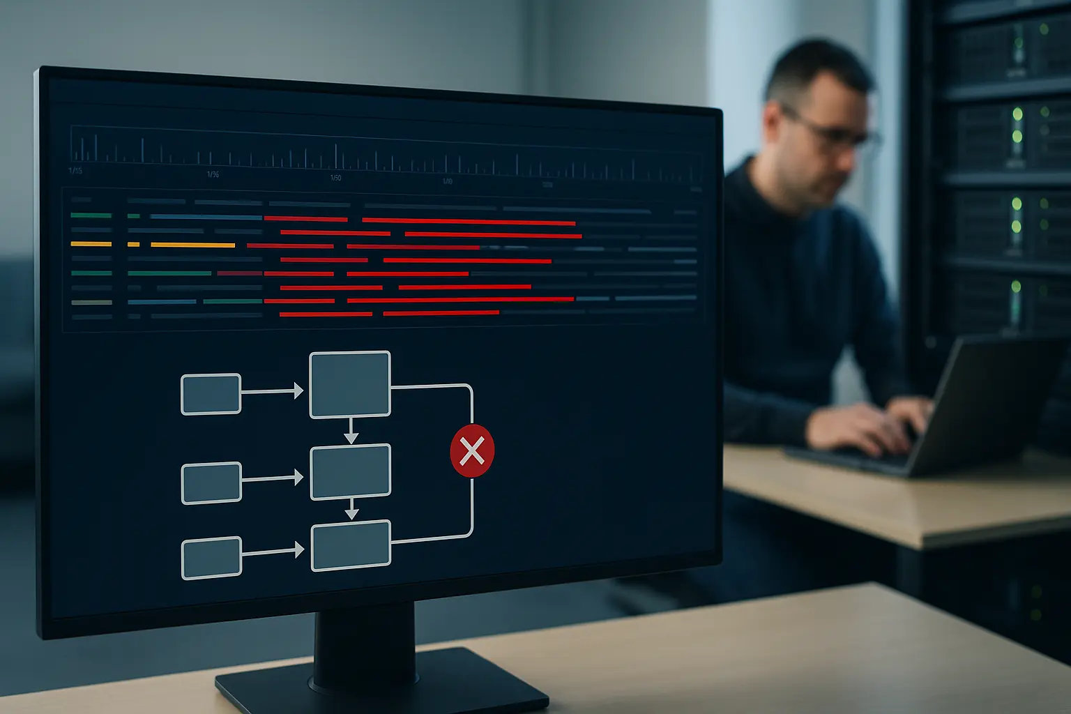 Log‑Analyse Dashboard mit Backup‑Pipeline und hervorgehobenen Fehlern, Administrator prüft Logs