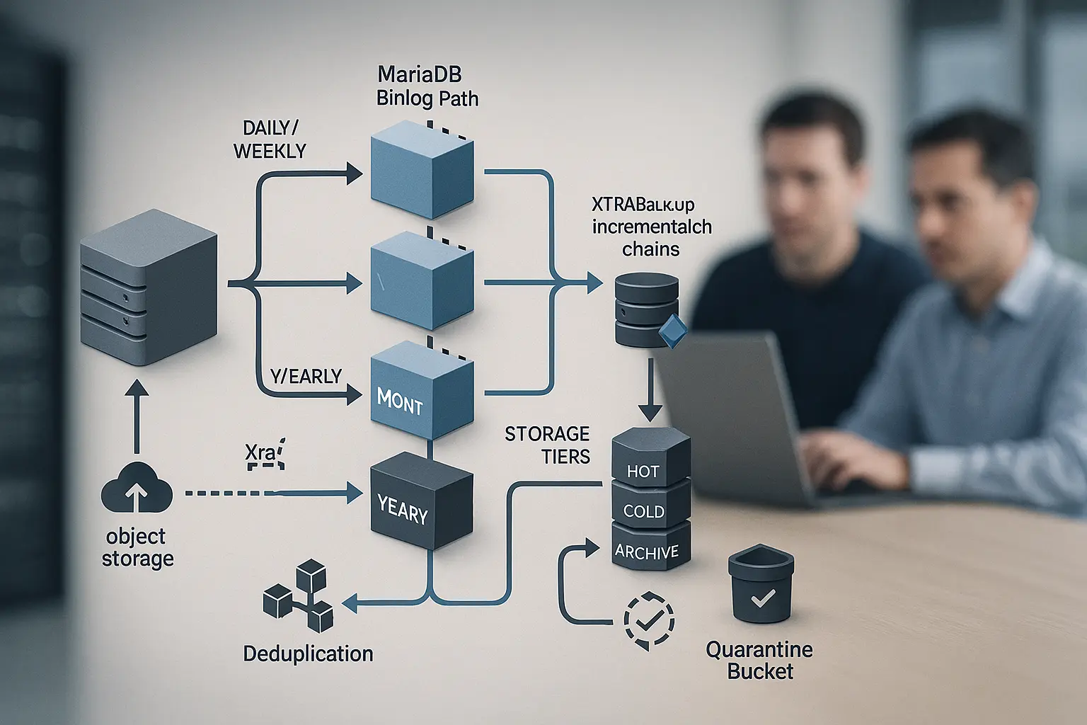 Architekturdiagramm einer Backup‑Retention‑Topologie mit GFS‑Rotation, MariaDB‑Binlog‑Pfade und Storage‑Tiers