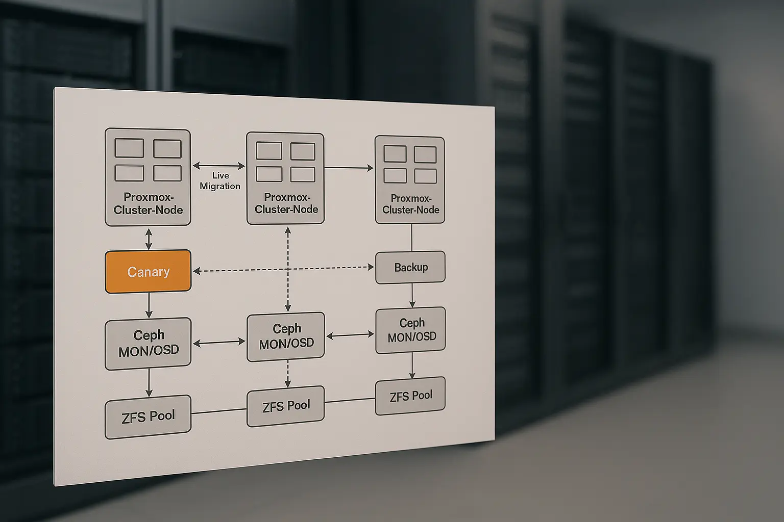 Architekturdiagramm eines Proxmox VE 8 Rolling‑Upgrades mit Live‑Migration, Ceph‑ und ZFS‑Komponenten