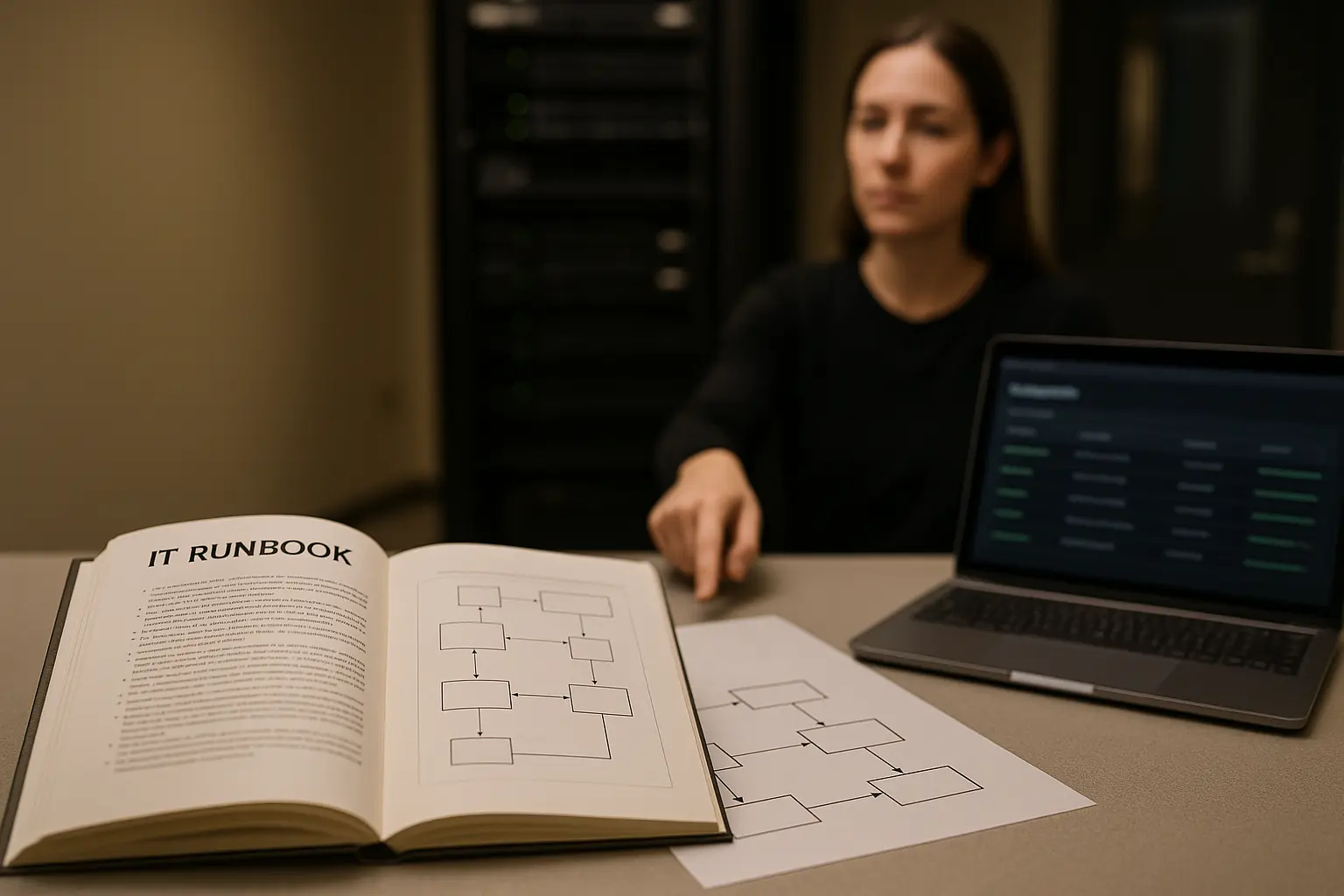 IT-Team prüft Backup-Governance anhand Runbook und Architekturdiagramm im Betriebsumfeld