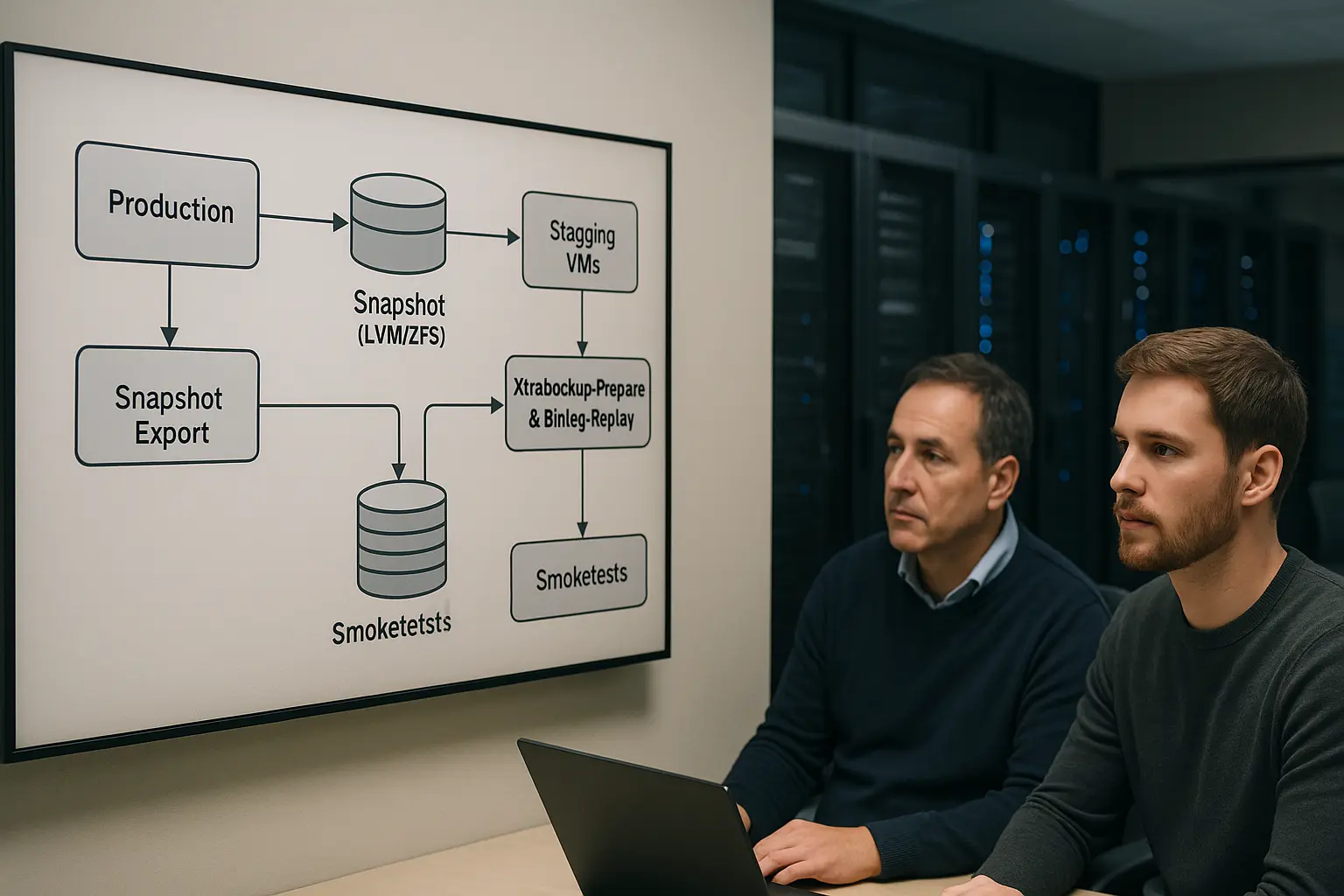 Architekturdiagramm eines MariaDB Snapshot-Test-Workflows mit Snapshot-Storage, Staging-VMs und Binlog-Replay