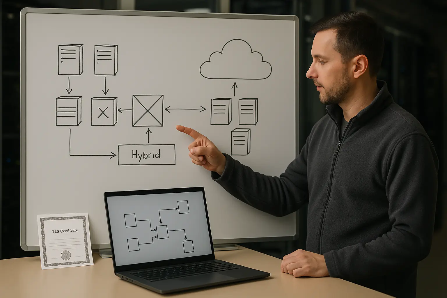 Architekturdiagramm für Exchange-Hybrid und Cutover zu Microsoft 365 mit Mailflow-Pfeilen und Zertifikatsbezug