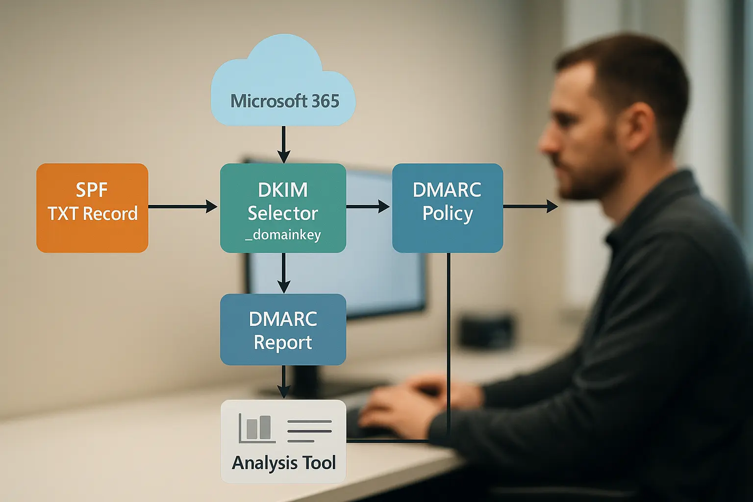 Architekturdiagramm des E‑Mail‑Authentifizierungsflusses mit SPF‑TXT, DKIM‑Selector und DMARC‑Reports, Microsoft 365 als...