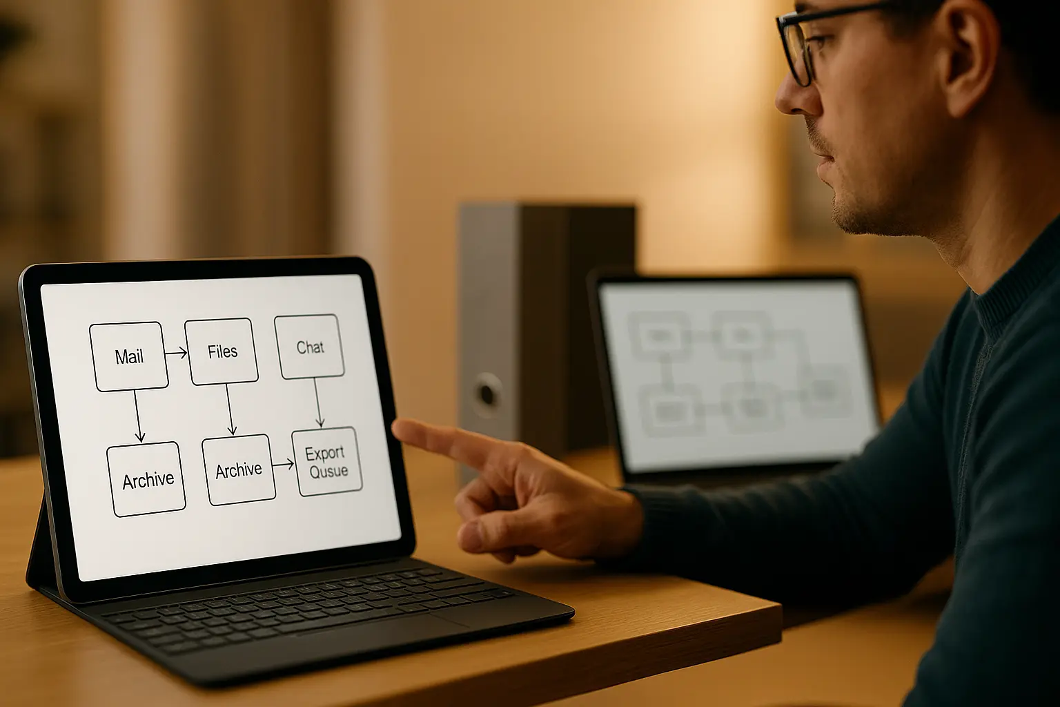 IT-Admin betrachtet ein textfreies Architekturdiagramm zu Retention, Archivierung und eDiscovery in Microsoft 365.