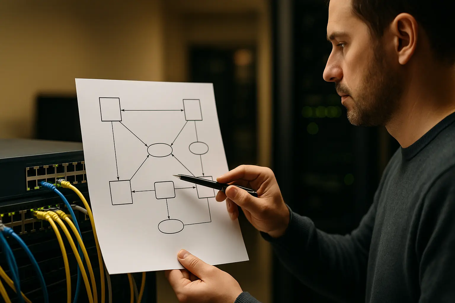 Netzwerkadministrator analysiert OSPF-Topologie an einem textfreien Architekturdiagramm neben Switch im Rack