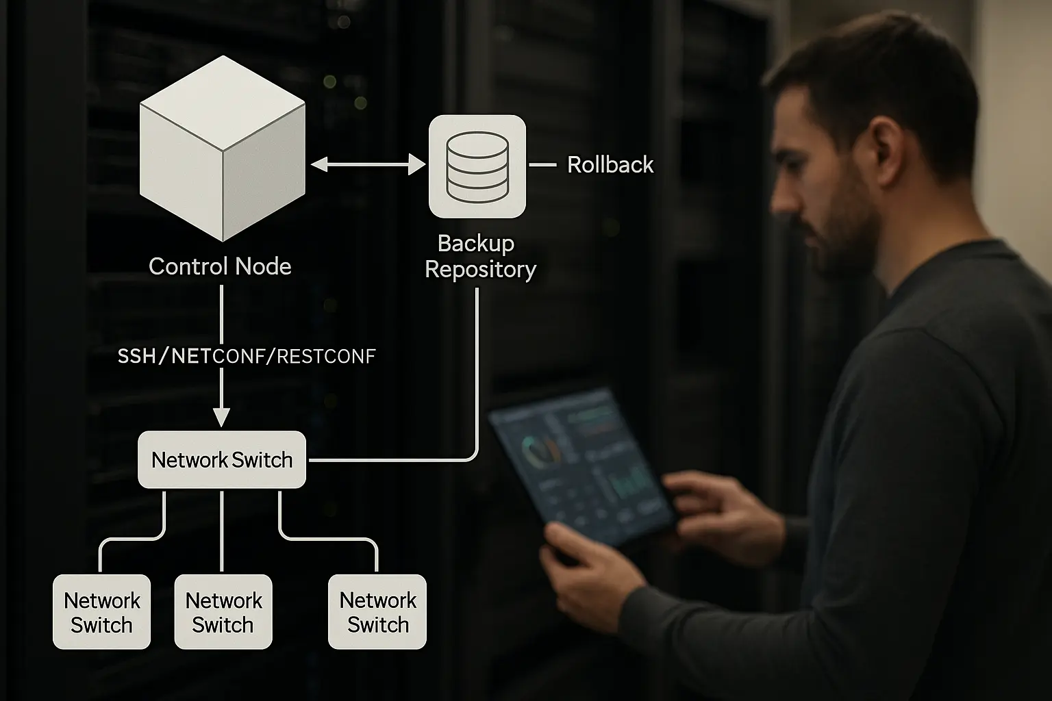 Ansible Control‑Node Diagramm: SSH/NETCONF Verbindungen zu Switches, Backup‑Repository und Rollback‑Pfad