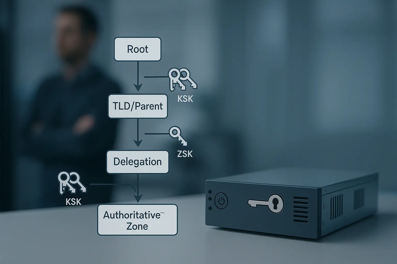 Architekturdiagramm der DNSSEC-Vertrauenskette mit KSK, ZSK, DS-Delegation und HSM