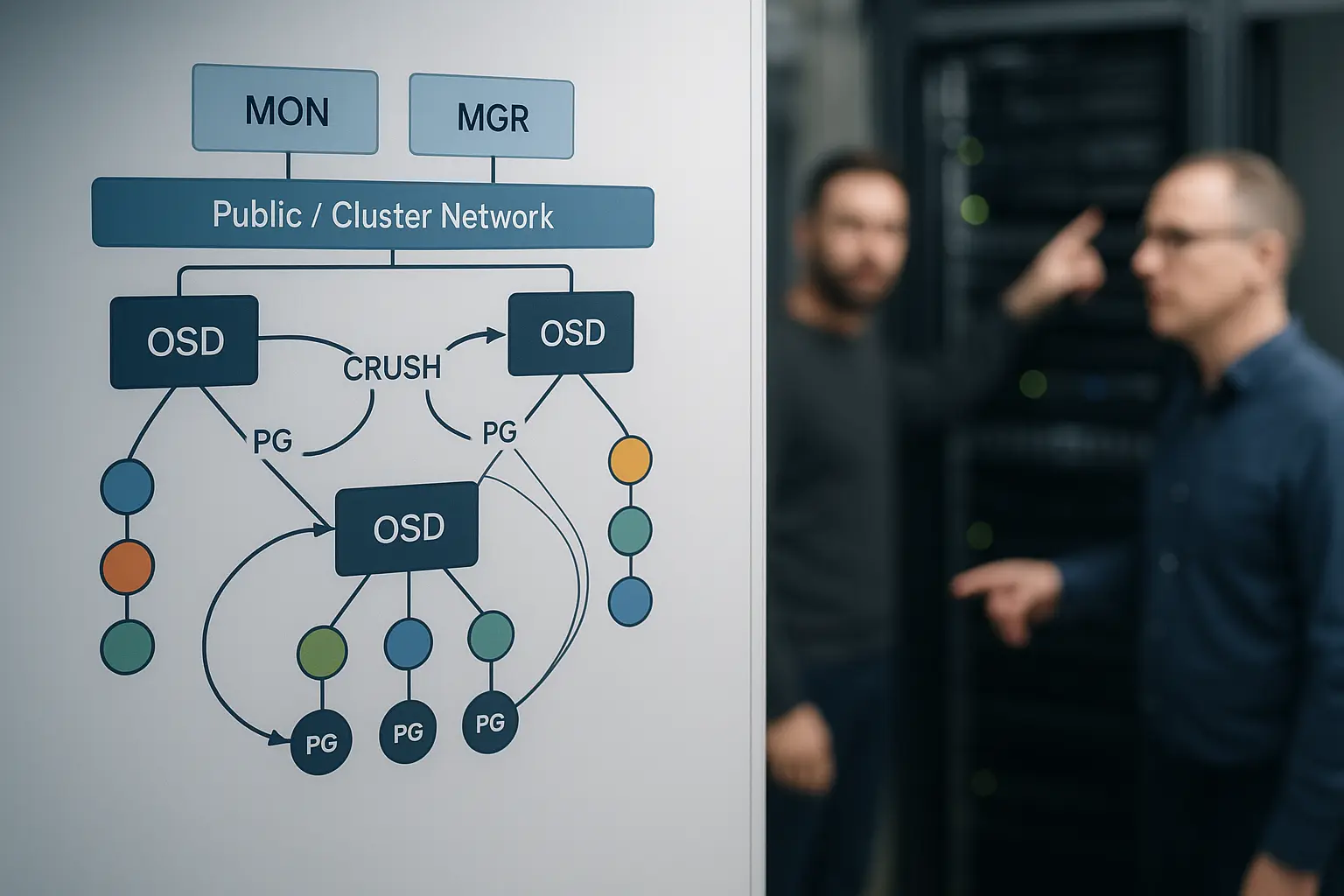 Architekturdiagramm eines Ceph‑Clusters mit MONs, OSD‑Gruppen, MGRs und Public/Cluster Network