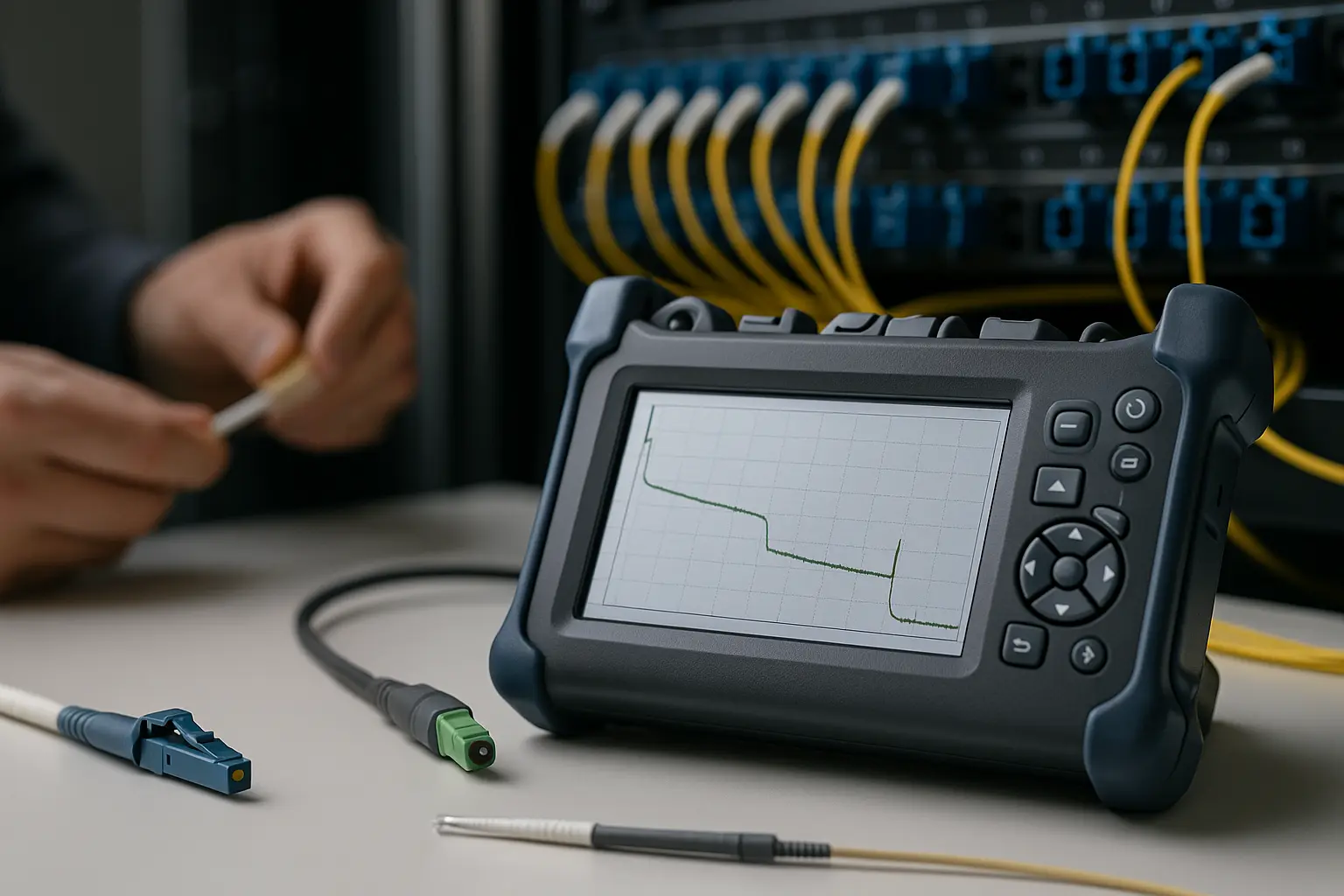 OTDR‑Messgerät mit OTDR‑Trace im Display vor beschriftetem Patchpanel und LWL‑Steckverbindern