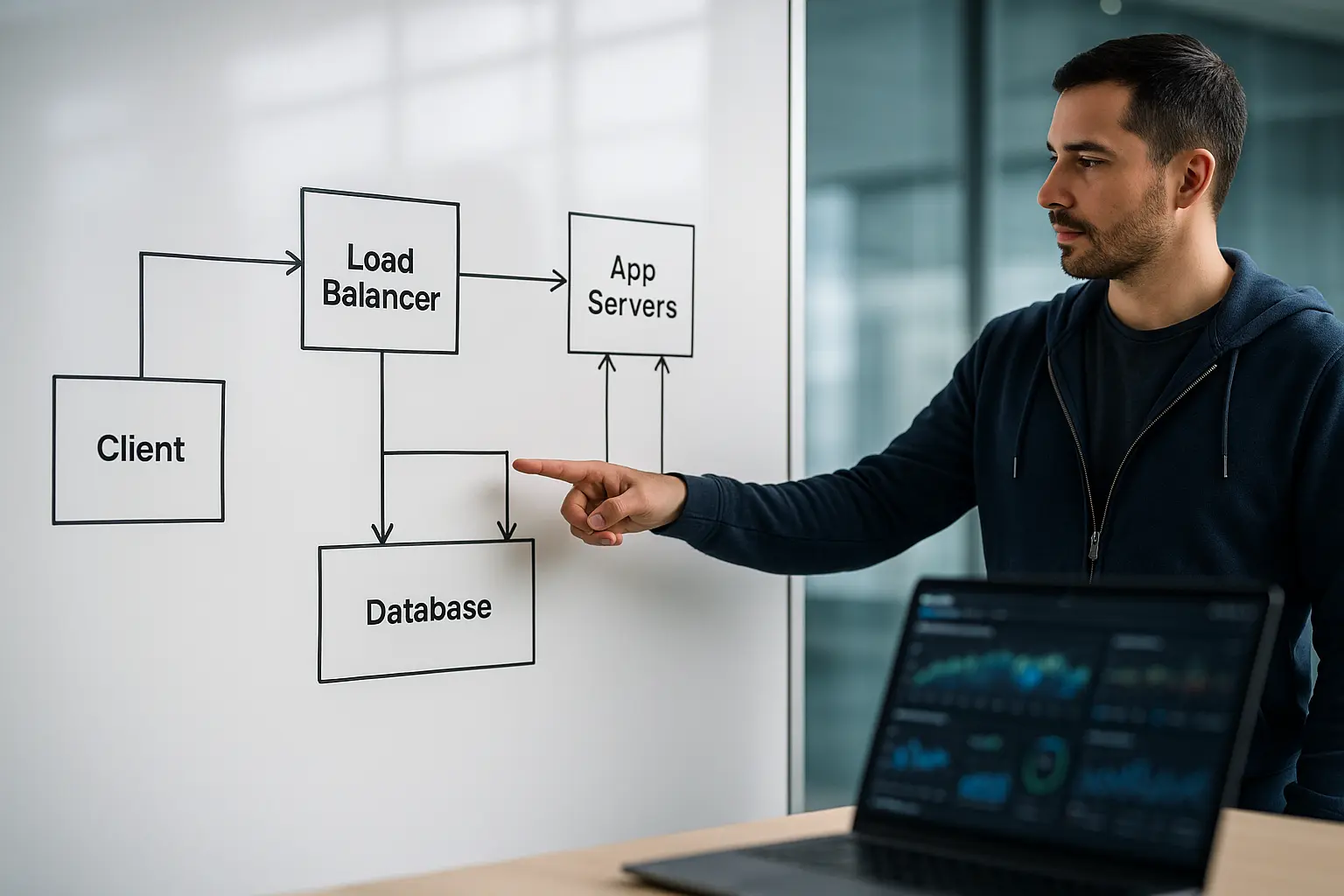 Operator analysiert ein textfreies End-to-End-Architekturdiagramm zur Performance-Engpasssuche