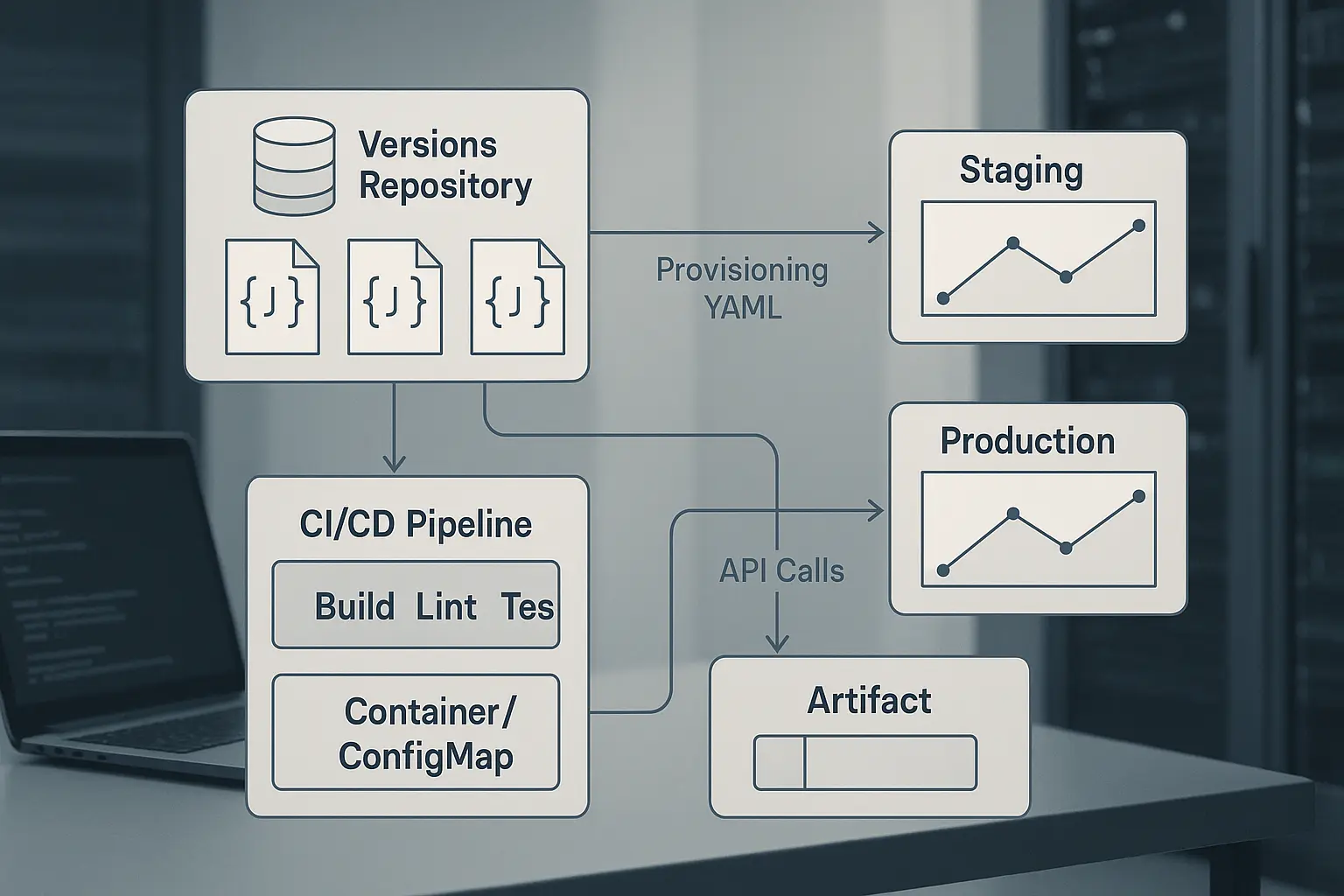 Architekturdiagramm: CI/CD-Pipeline deployt Dashboard-JSONs und Provisioning-YAMLs zu Staging- und Produktions-Grafana